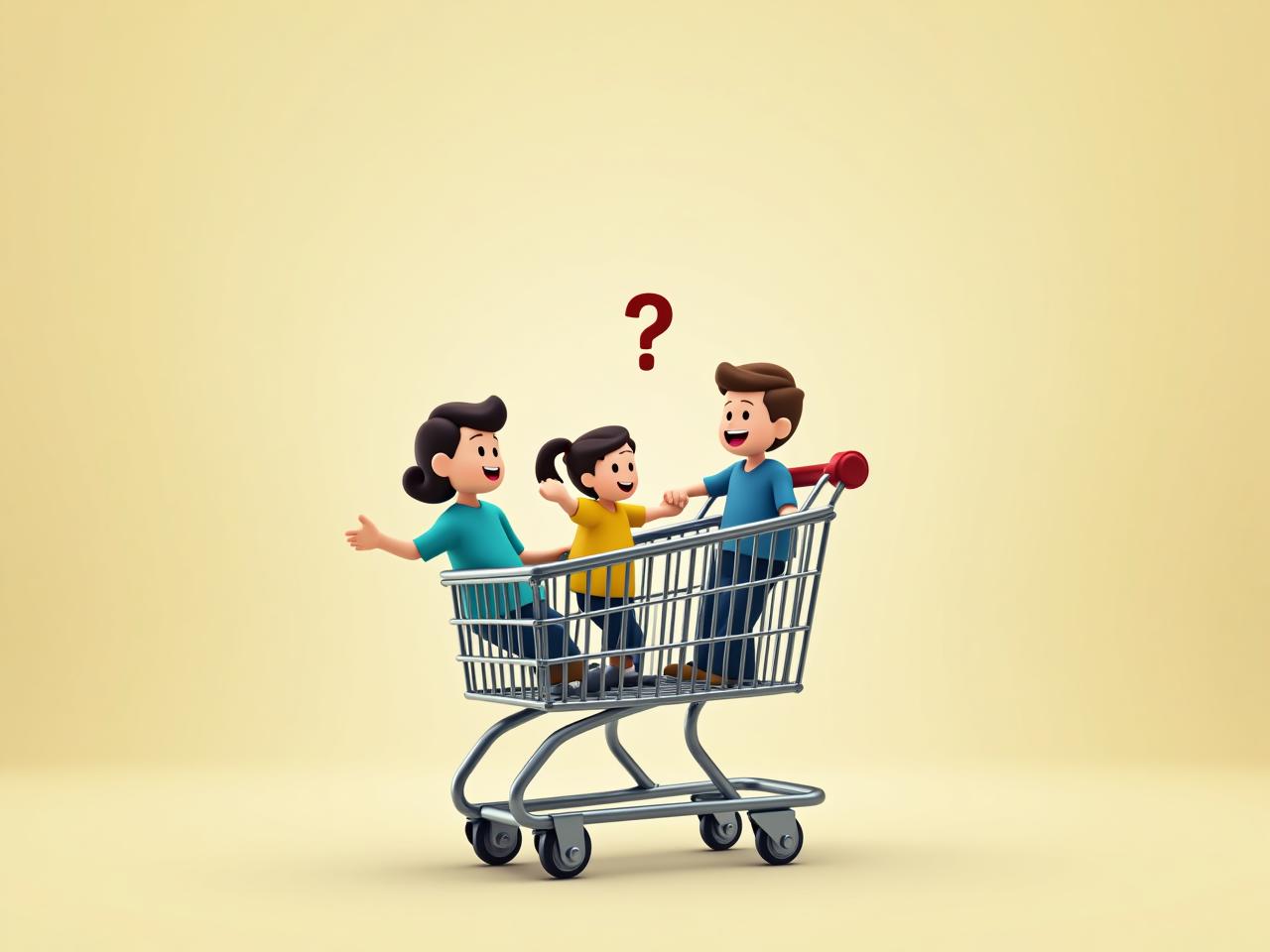 A family shopping cart with a question mark above it, representing the need to question shopping decisions.