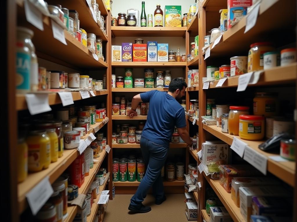 Overstuffed pantry with disorganized food items. A hand reaching for a product in the back.