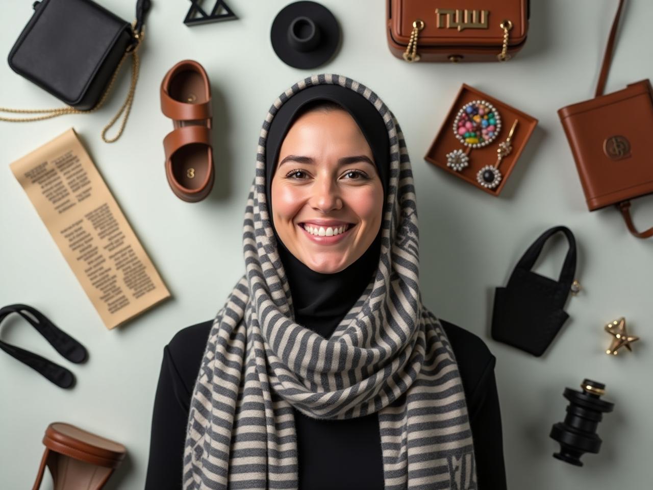 A smiling woman wearing a modest outfit and a stylish scarf, surrounded by various accessories like jewelry, handbags, and shoes.