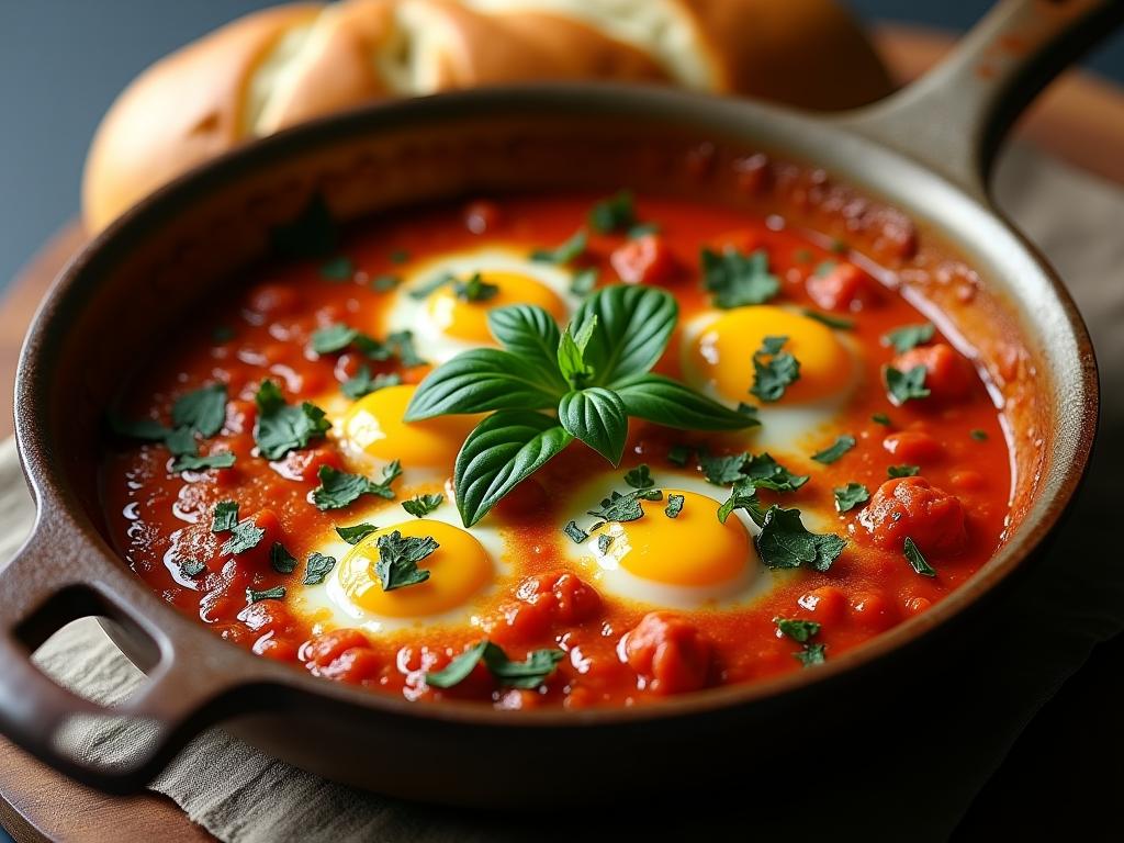 A vibrant shakshuka dish with fresh herbs and a side of challah bread.
