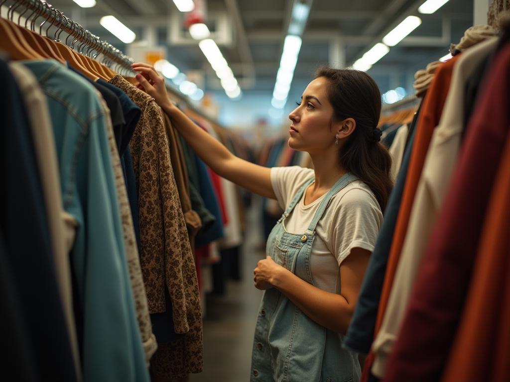 A woman browsing through a rack of vintage clothing in a secondhand store.