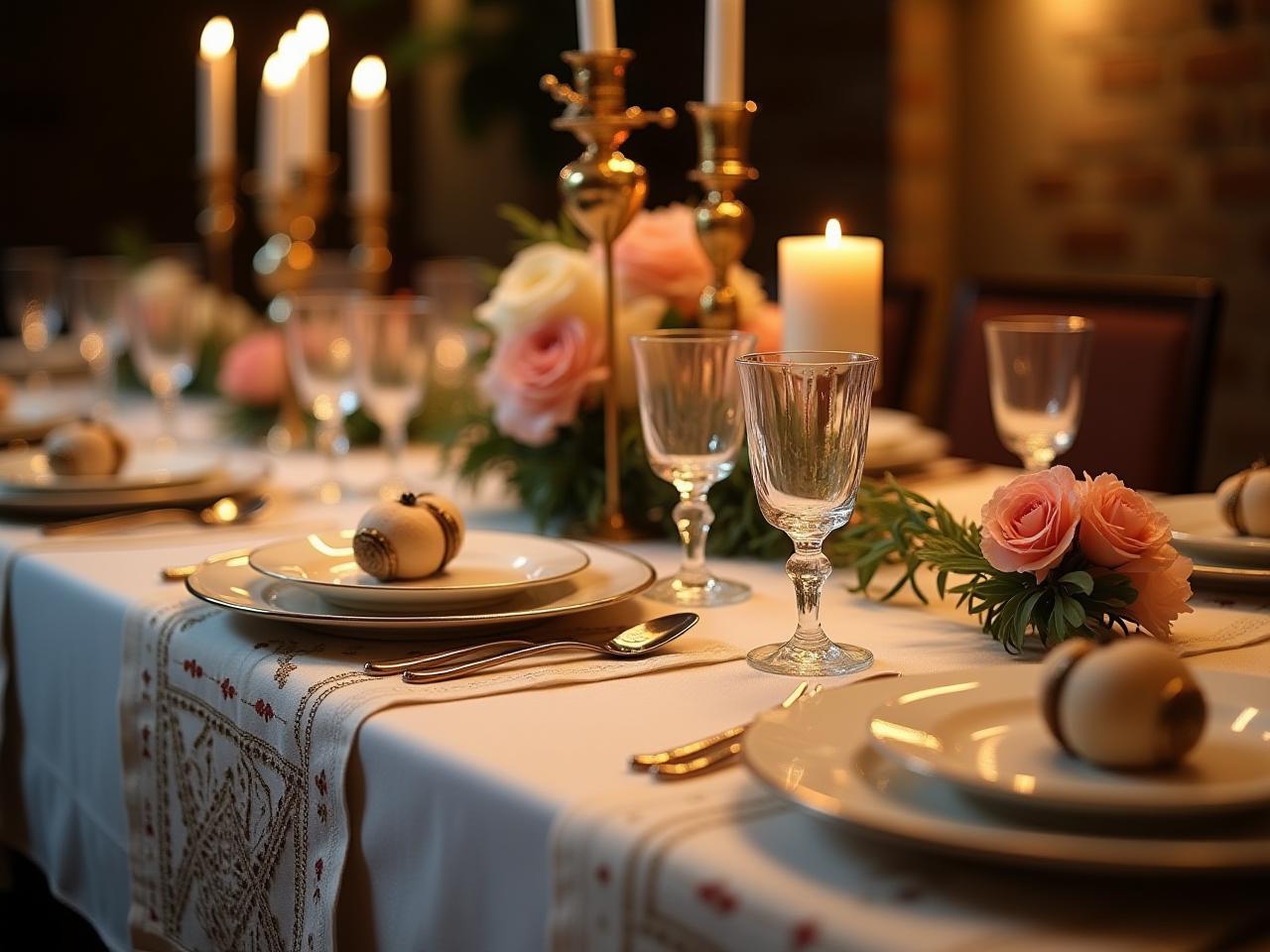A beautifully decorated Passover Seder table with embroidered napkins, ornate plates, symbolic flowers, and soft lighting.