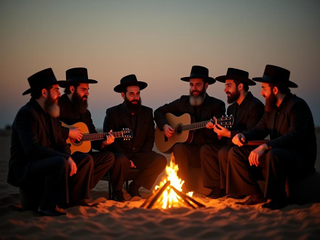A group of young Haredi men sitting around a campfire in the desert, singing and playing guitar.