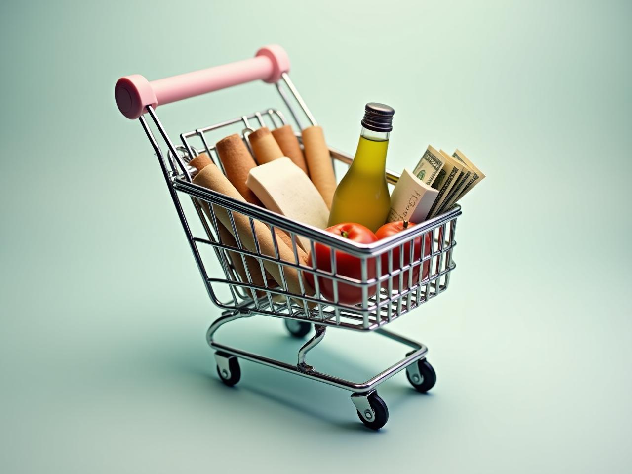 Family shopping cart with groceries, money, and a magnifying glass.