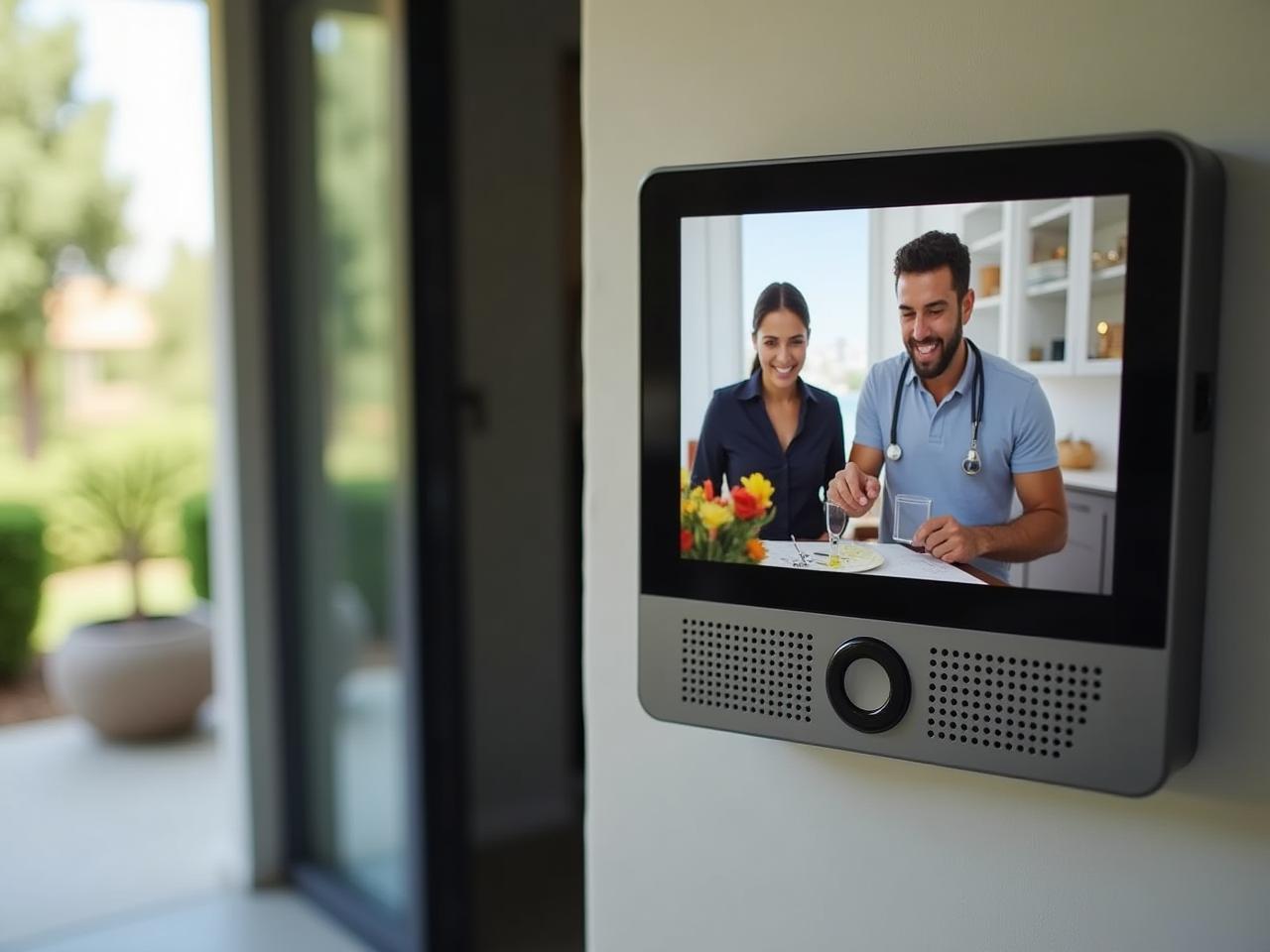 A modern video intercom system installed at the entrance of a house, with a person standing outside and the indoor monitor displaying their image.