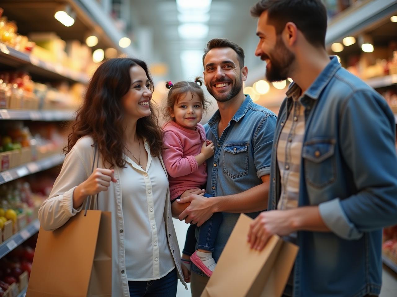 Group of families shopping together in a market, smiling and holding shopping bags.