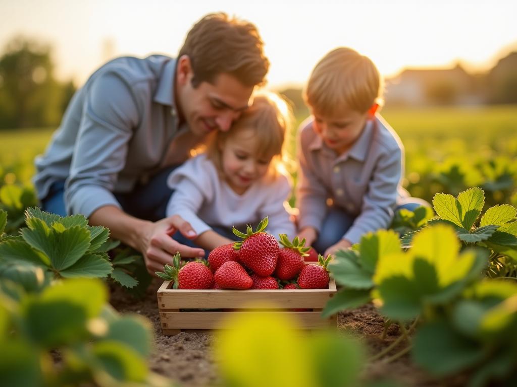 Family picking strawberries in a field on a sunny day. Strawberries are red and ripe, and the field is green and lush.
