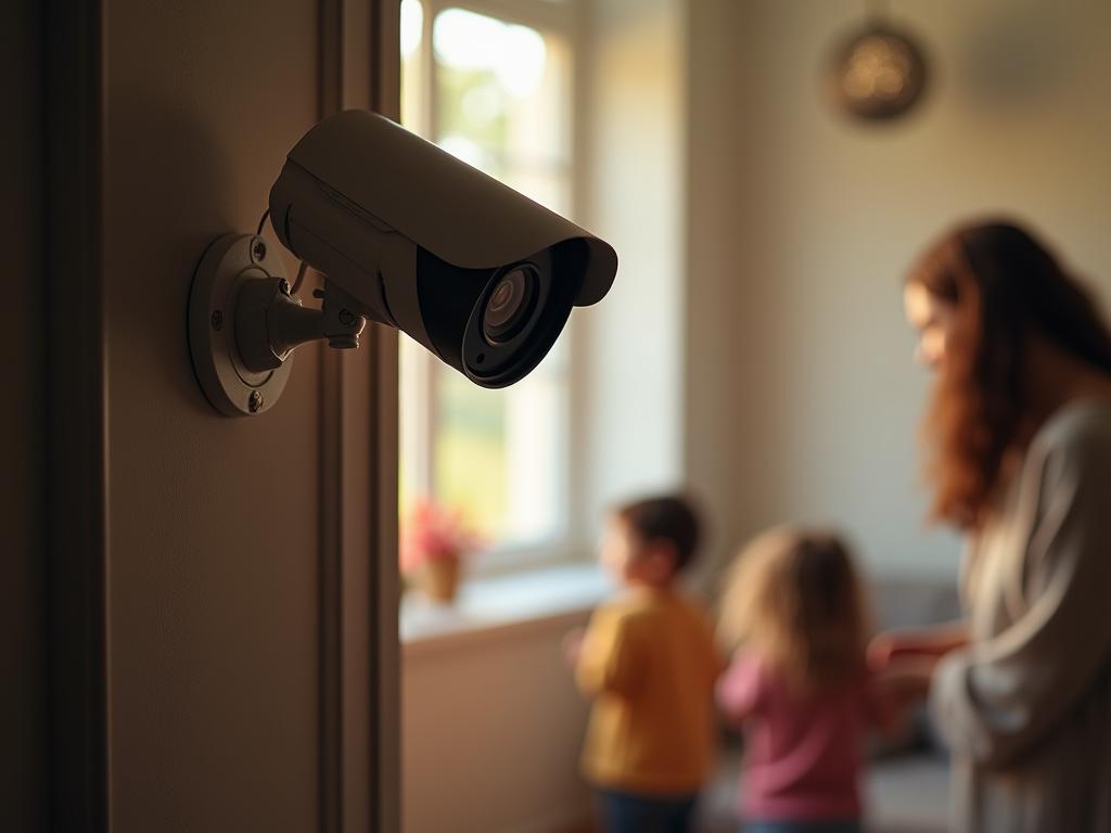 A security camera with a Shabbat setting, placed in a Jewish home, overlooking a family.