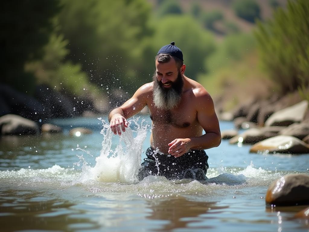 Young Haredi man enjoying a refreshing splash in a stream at Banias Nature Reserve.