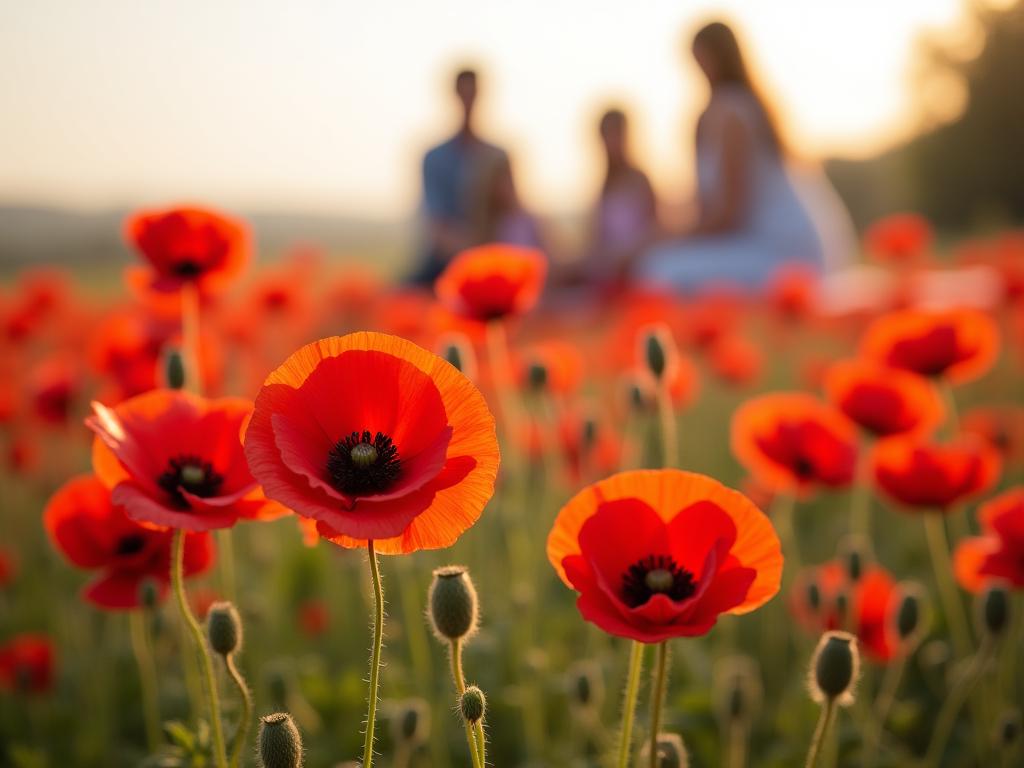 A field of red poppy flowers in Israel, with a family enjoying a picnic in the background.