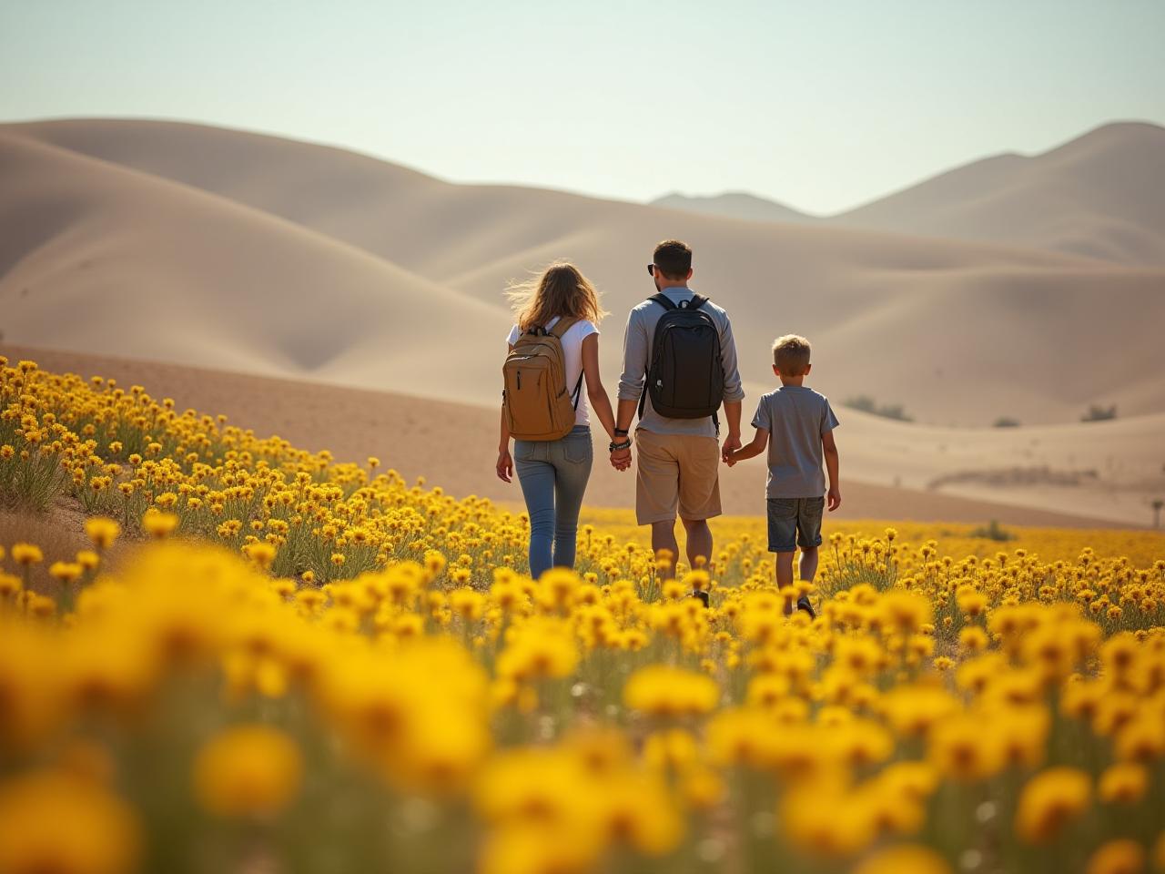 A family hiking in a field of yellow daisies in the desert.
