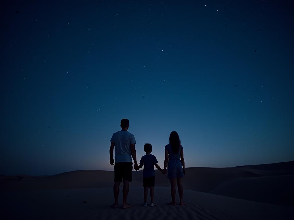 Family stargazing in the desert at night, with a clear sky full of stars.