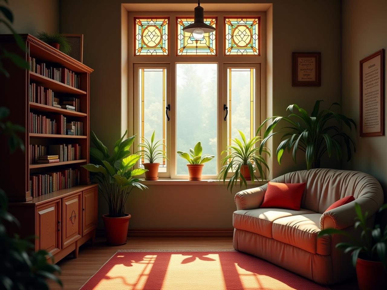 A cozy living room with a bookshelf, plants, and sunlight streaming through a stained-glass window.