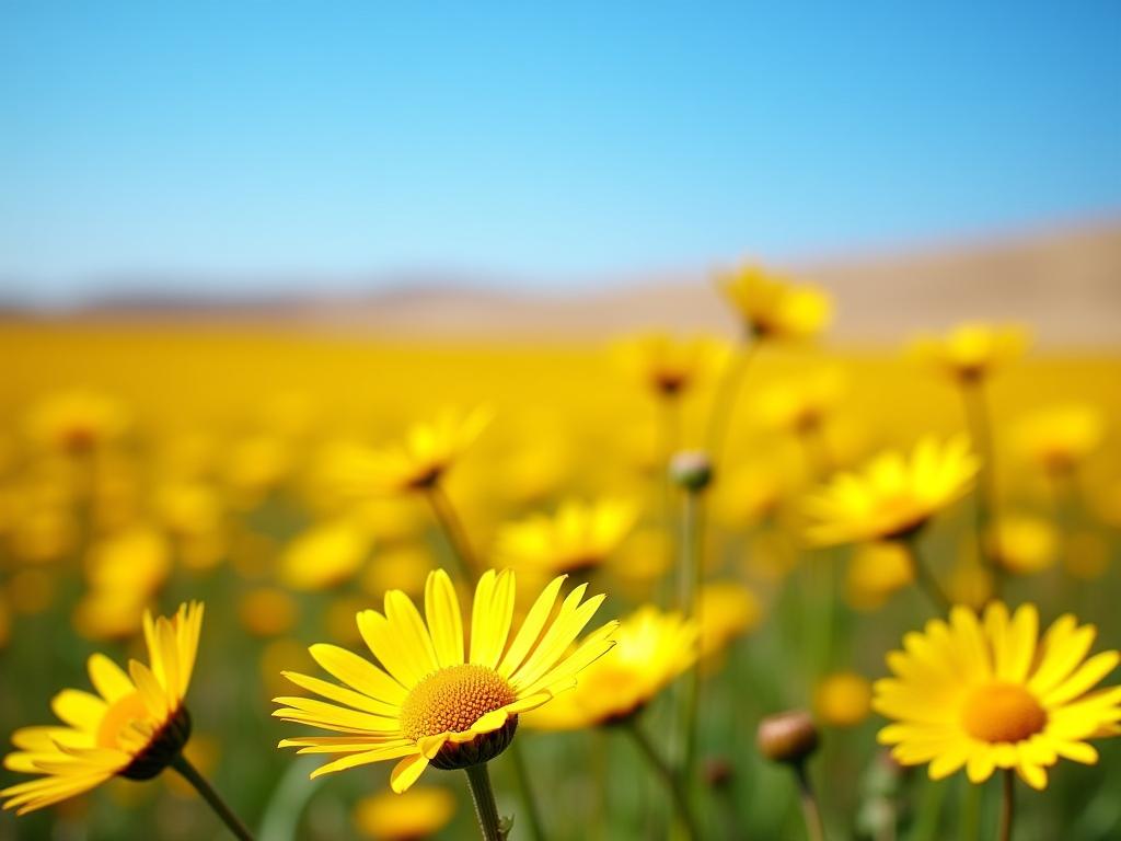 A field of yellow daisies in the Negev desert, with a blue sky in the background.
