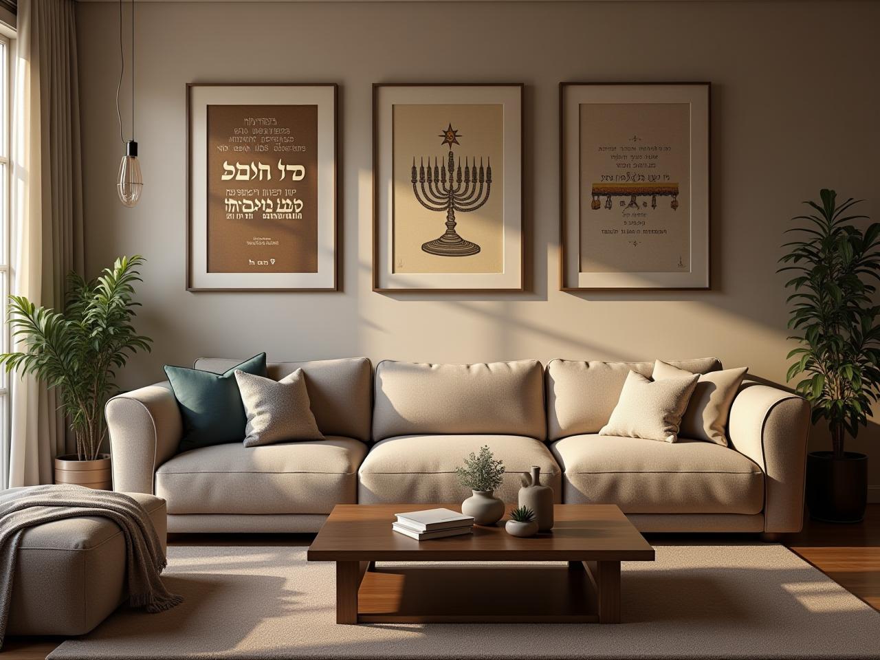 A cozy living room with Jewish art on the walls and Hebrew verses subtly integrated into the decor.