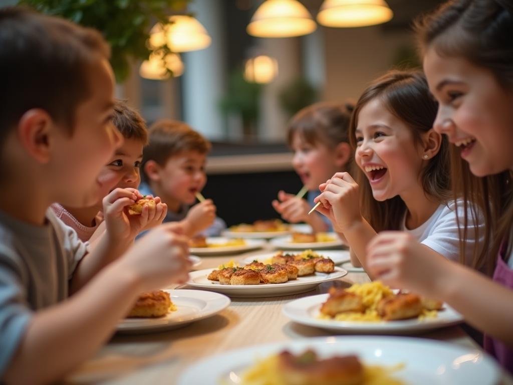 A group of happy children eating kosher food at a restaurant.