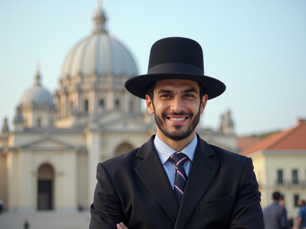A smiling young Haredi man standing in front of a famous European landmark.