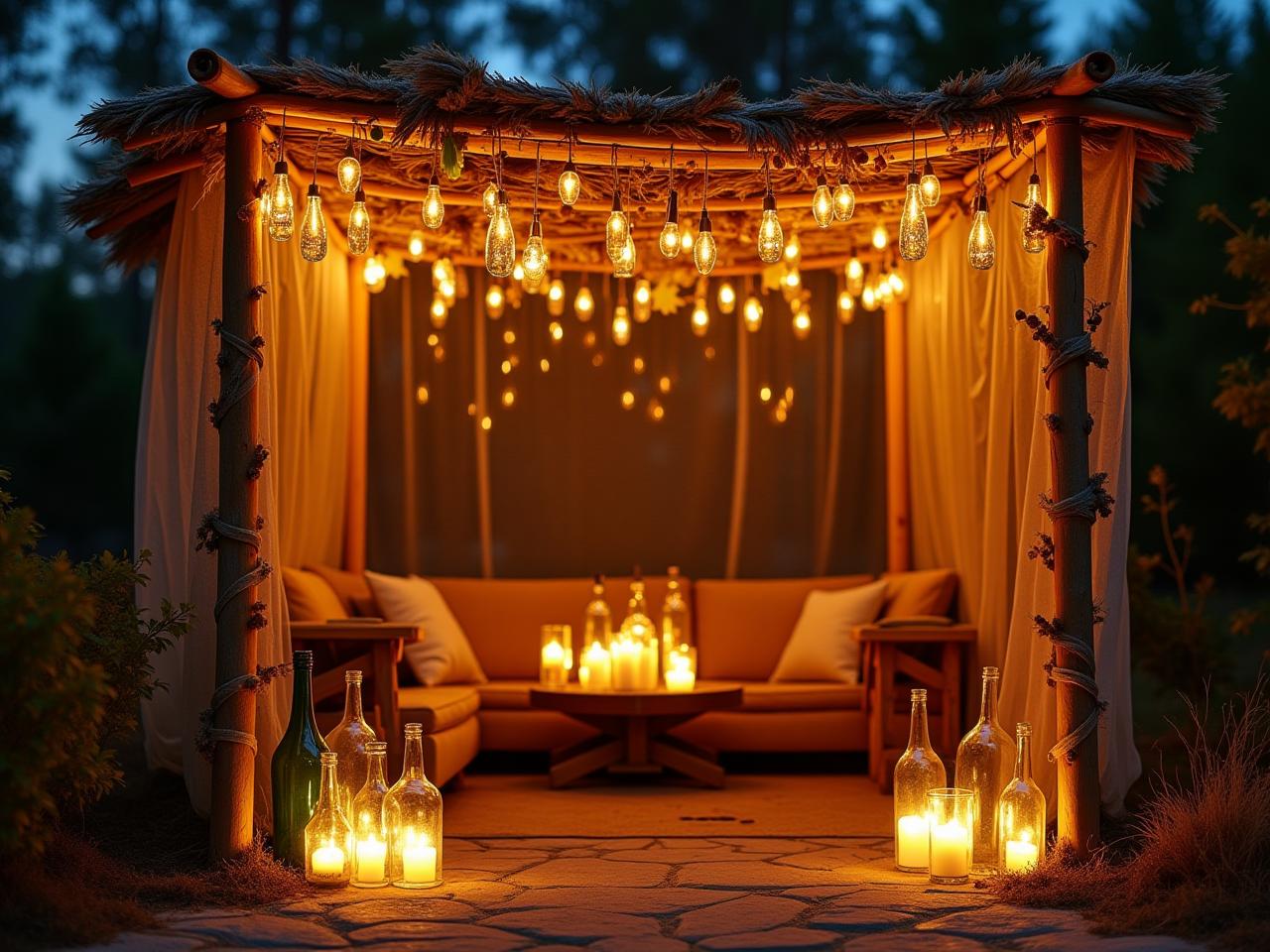 A beautifully decorated Sukkah with handmade decorations, including photo garlands, dried fruit strands, painted leaves, and illuminated glass bottles.