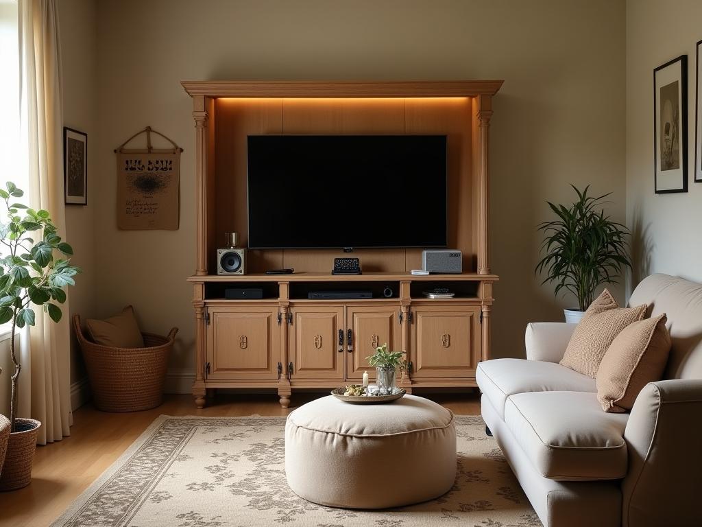 A cozy living room with a hidden TV inside a vintage cabinet, speakers covered with fabric matching the sofa, and small baskets organizing remotes and cables.