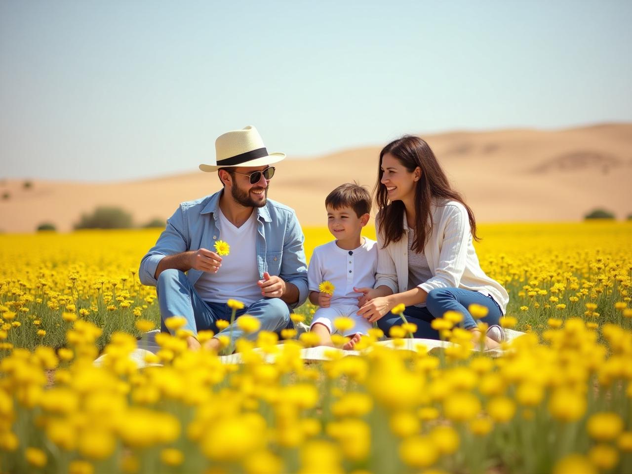 A family enjoying a picnic in a field of blooming yellow daisies in the southern Israel desert.