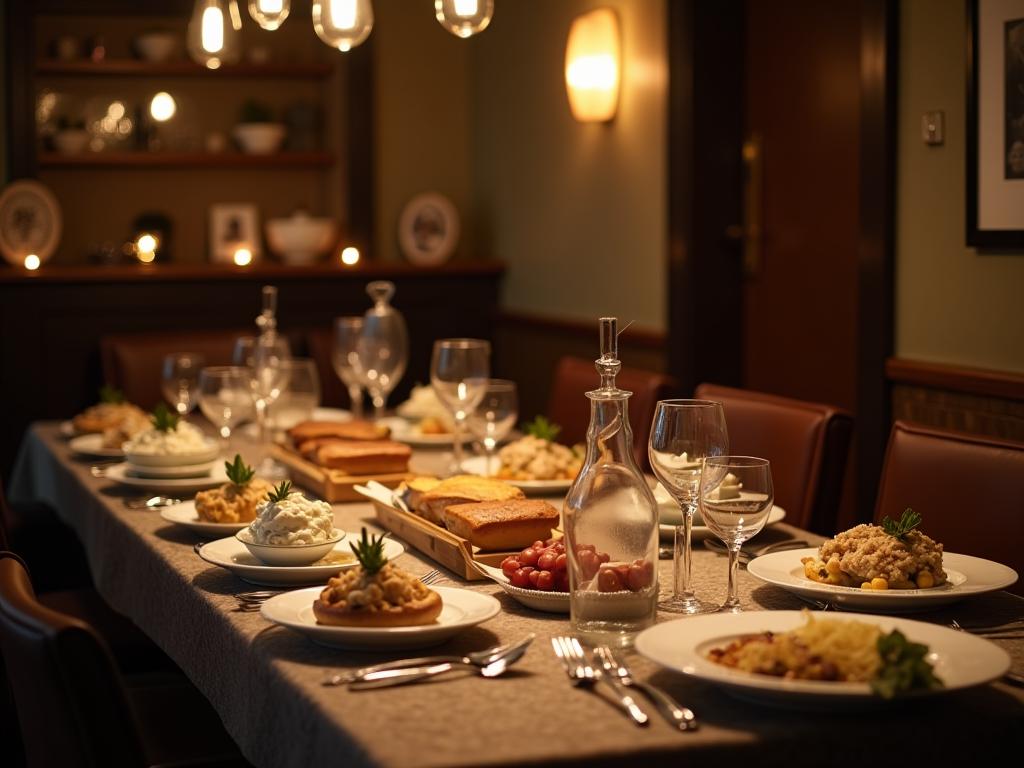 A warm and inviting table setting in a kosher home restaurant, filled with traditional Jewish dishes and smiling faces.