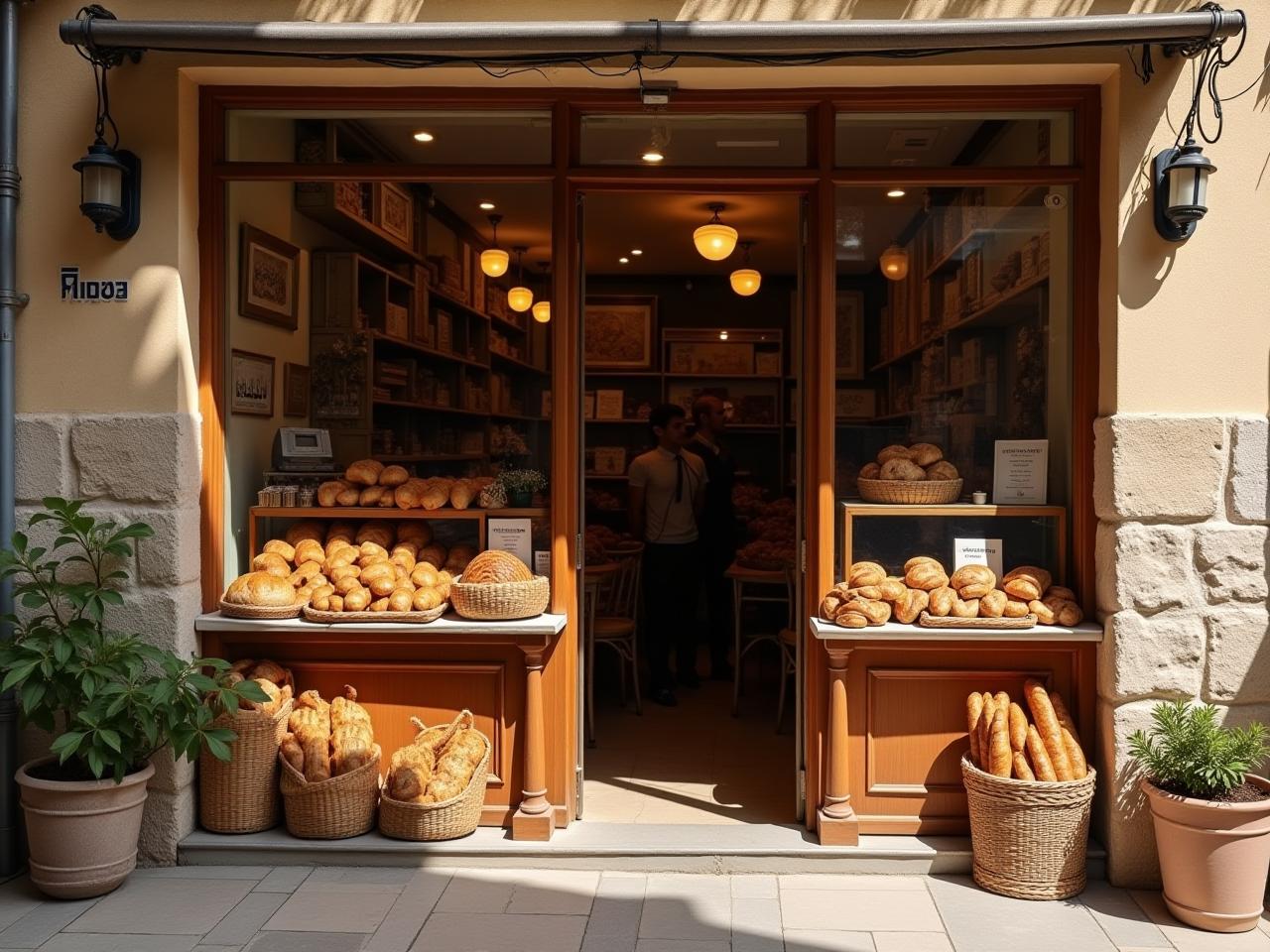 A warm, inviting storefront in Tzfat, with loaves of challah and other baked goods visible. The scene evokes a sense of tradition and community.