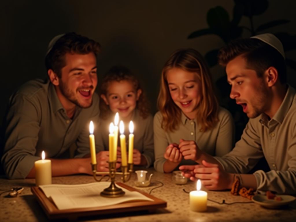 A family singing together around a table, surrounded by candles and traditional Jewish objects.