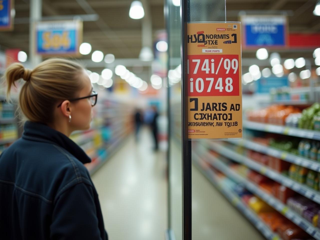 A person looking skeptical at a sale sign in a grocery store.