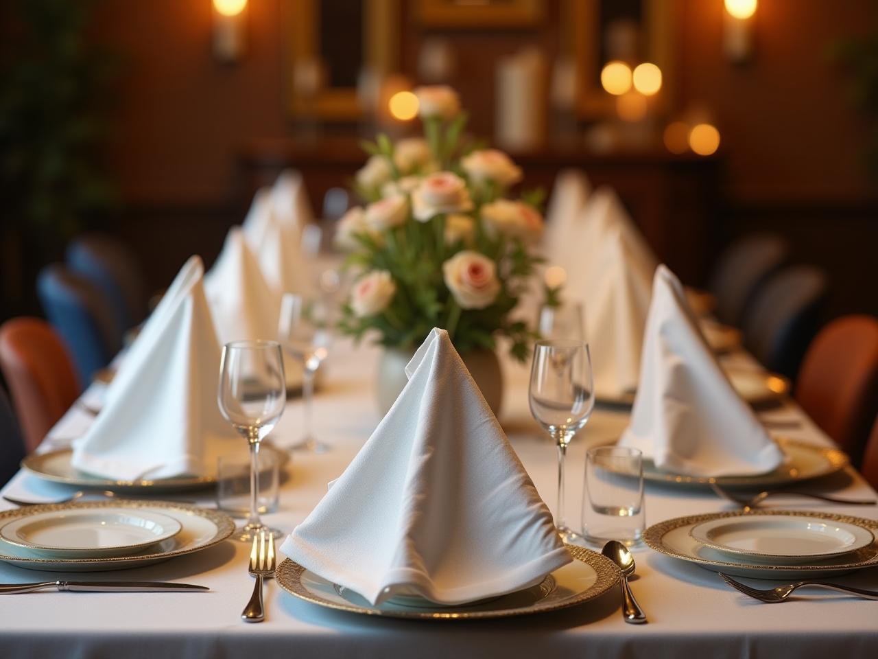 A beautifully set Seder table with elegantly folded napkins, symbolizing joy and freedom.