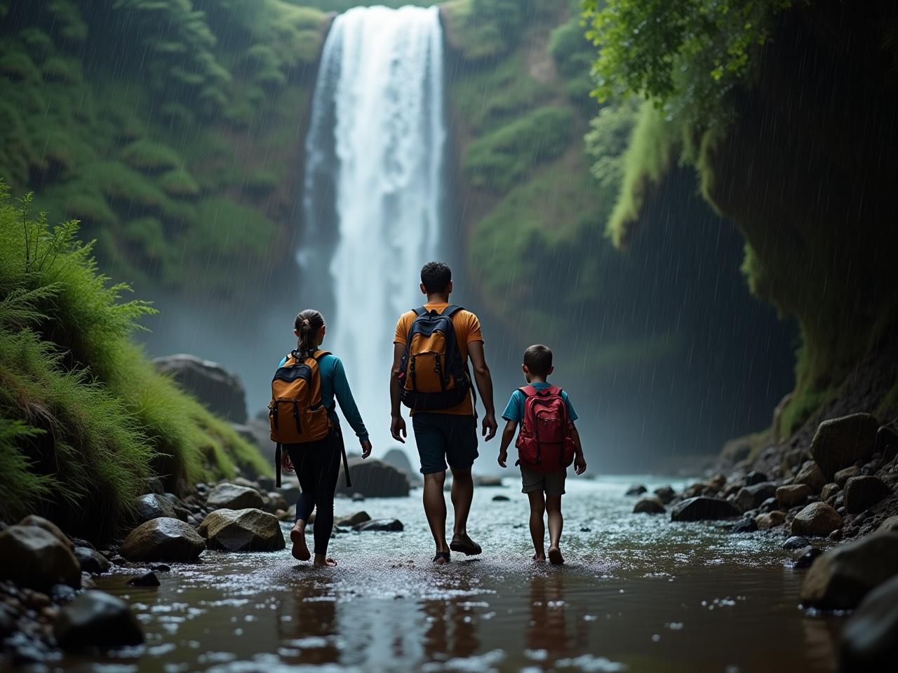 Family enjoying a waterfall hike on a rainy day in Israel