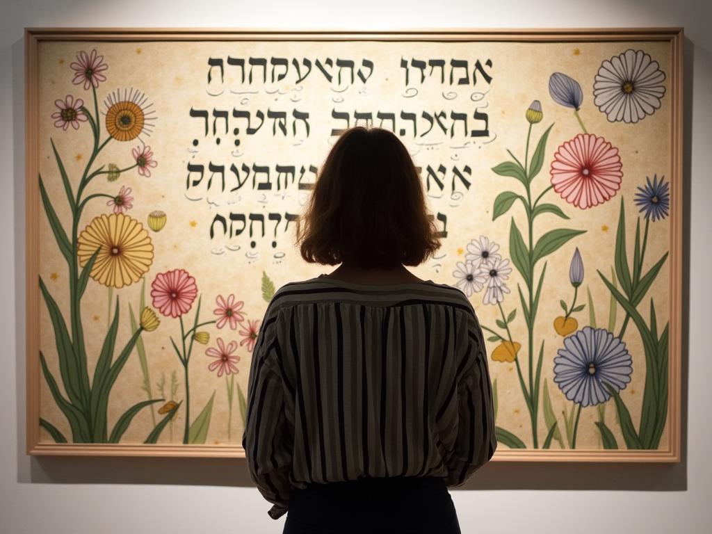 A woman standing in front of an art piece with Hebrew letters and botanical imageries.