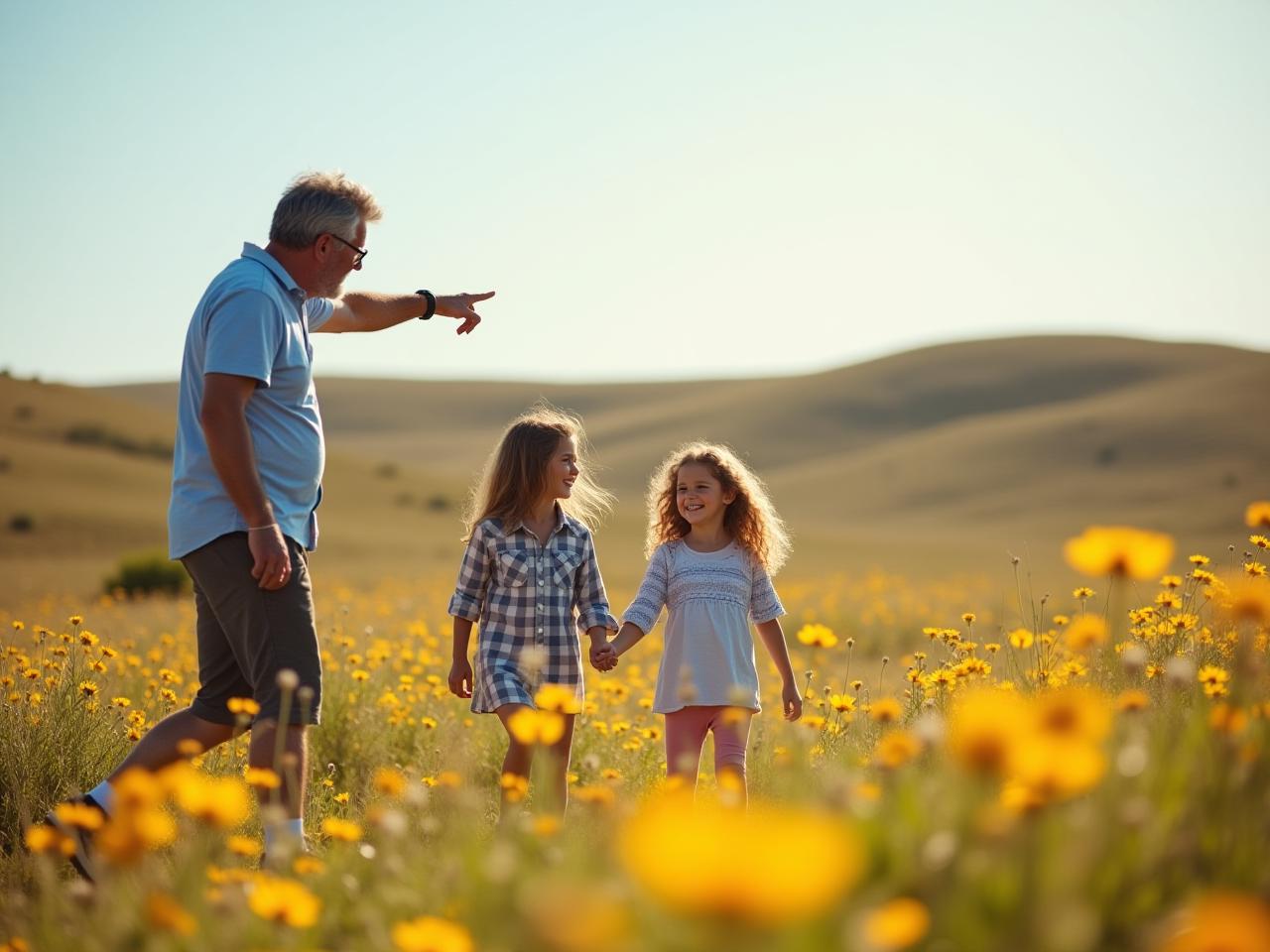 A family hiking in a field of wildflowers in Israel. The father is pointing to something in the distance, while the children are smiling and holding hands.
