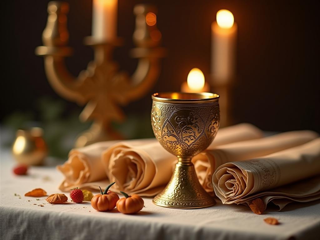 A decorated Elijah's cup on a festive Passover table.