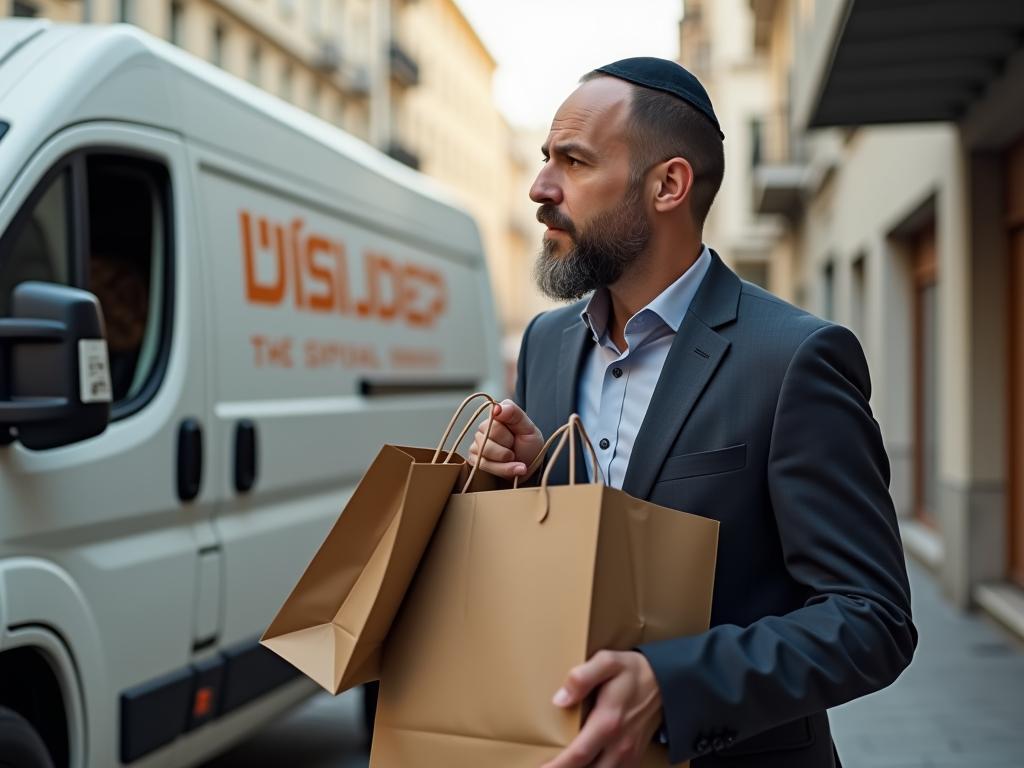 A man with a kippah holding shopping bags and looking confused next to a delivery van.