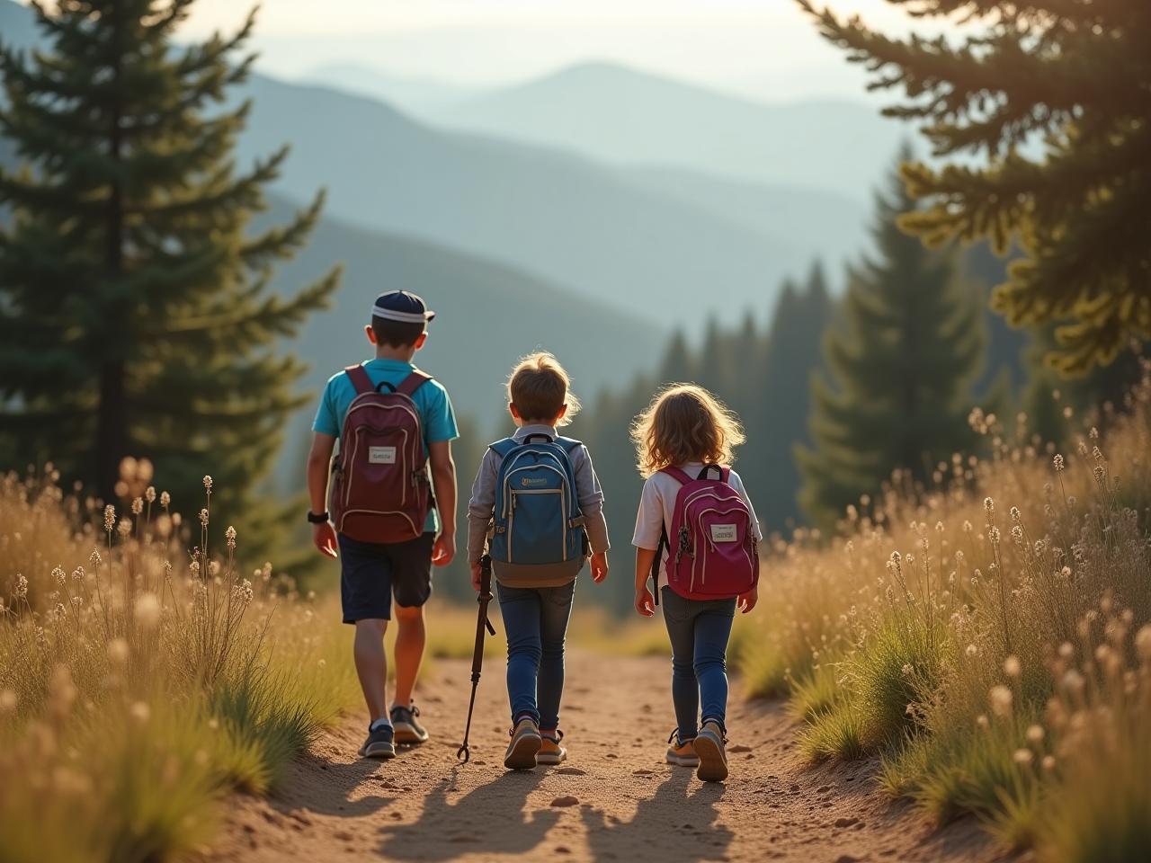 A family hiking in a national park, with kosher food visible in their backpacks.