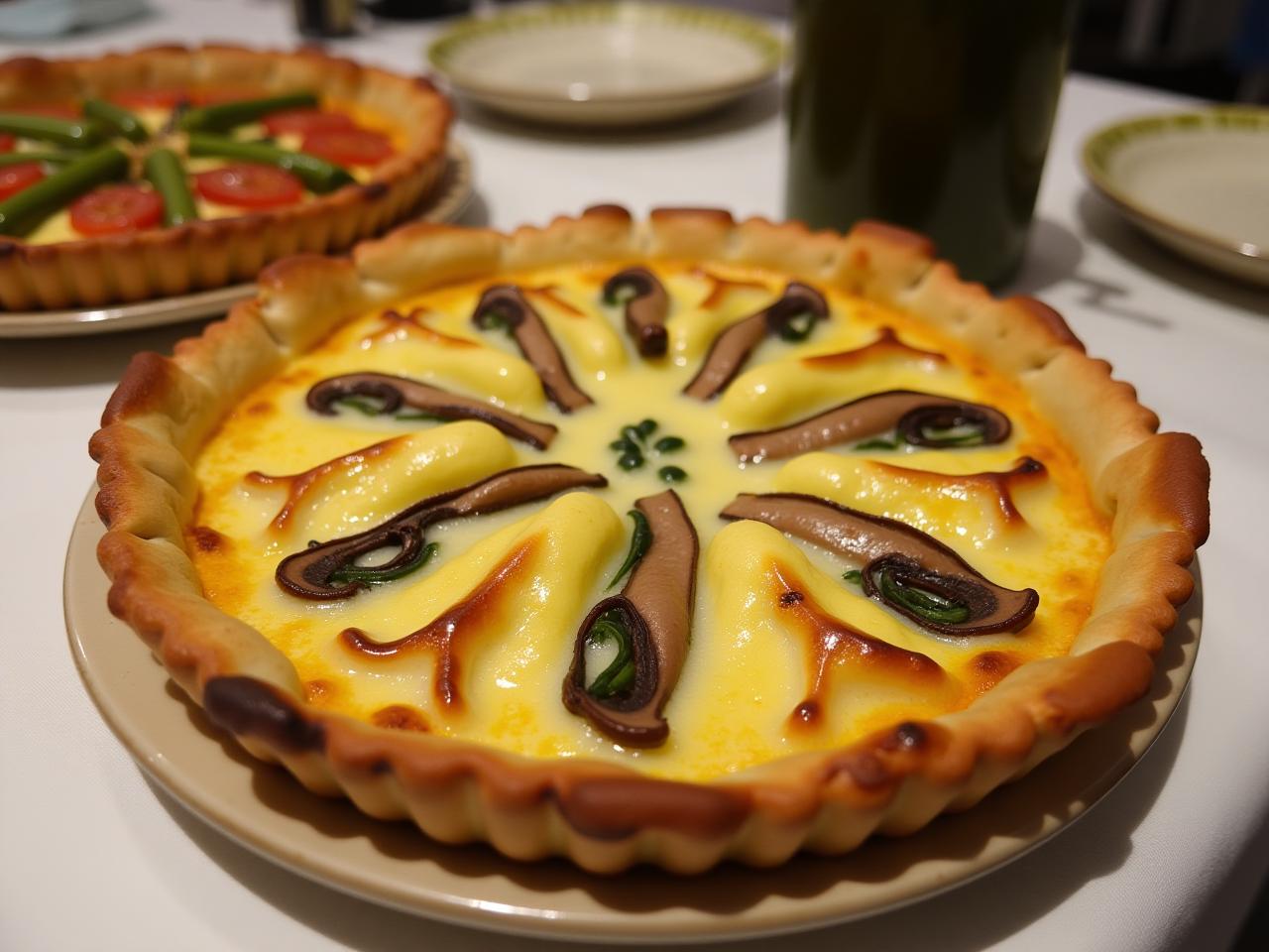 Two delicious quiches, one with vegetables and cheese, and the other with mushrooms and caramelized onions, displayed on a Shabbat table.