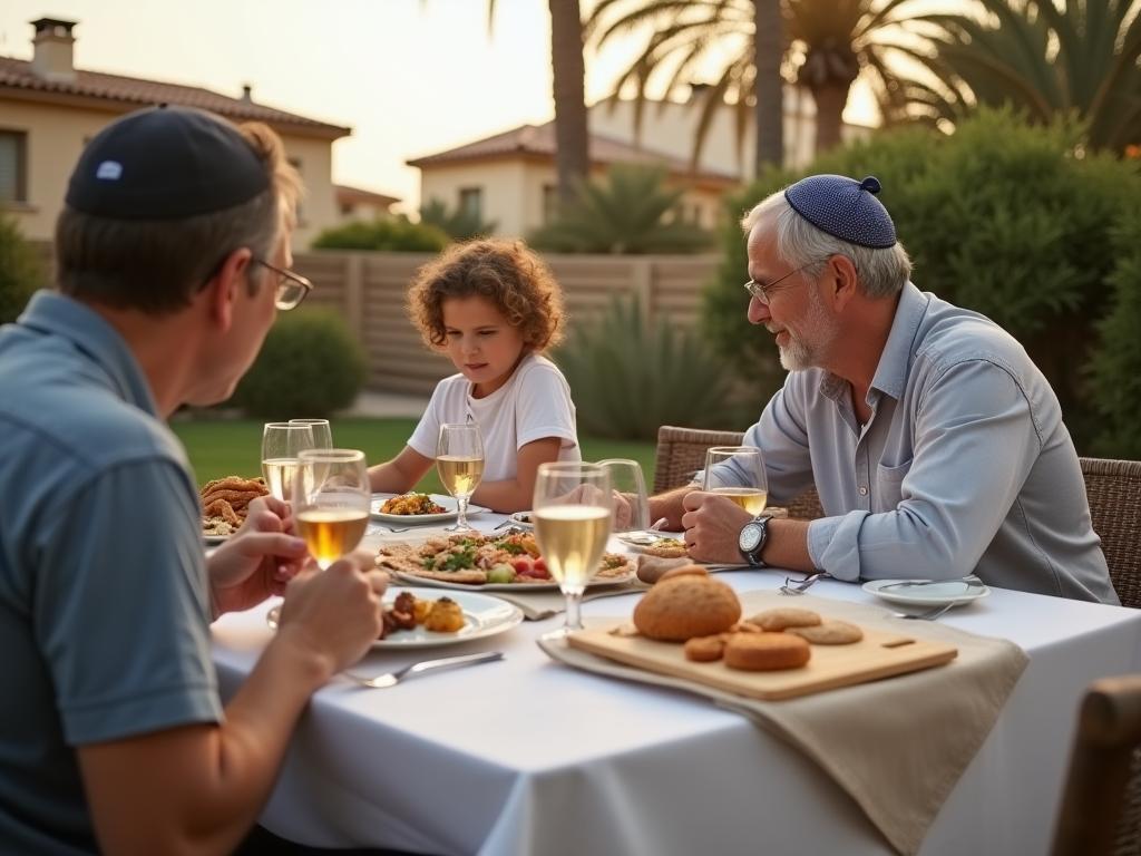 A family enjoying a kosher meal in the backyard of a villa.