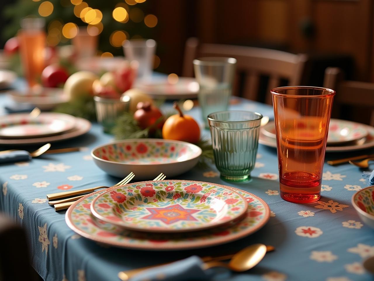 A beautifully decorated holiday table with high-quality disposable tableware, including colorful plates, elegant cups, and fabric napkins.
