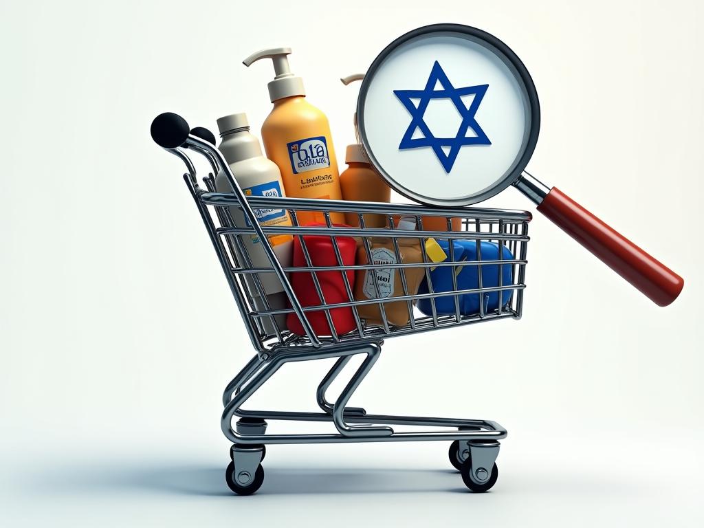A shopping cart with a mix of branded and generic products, with a magnifying glass focusing on the price tags.