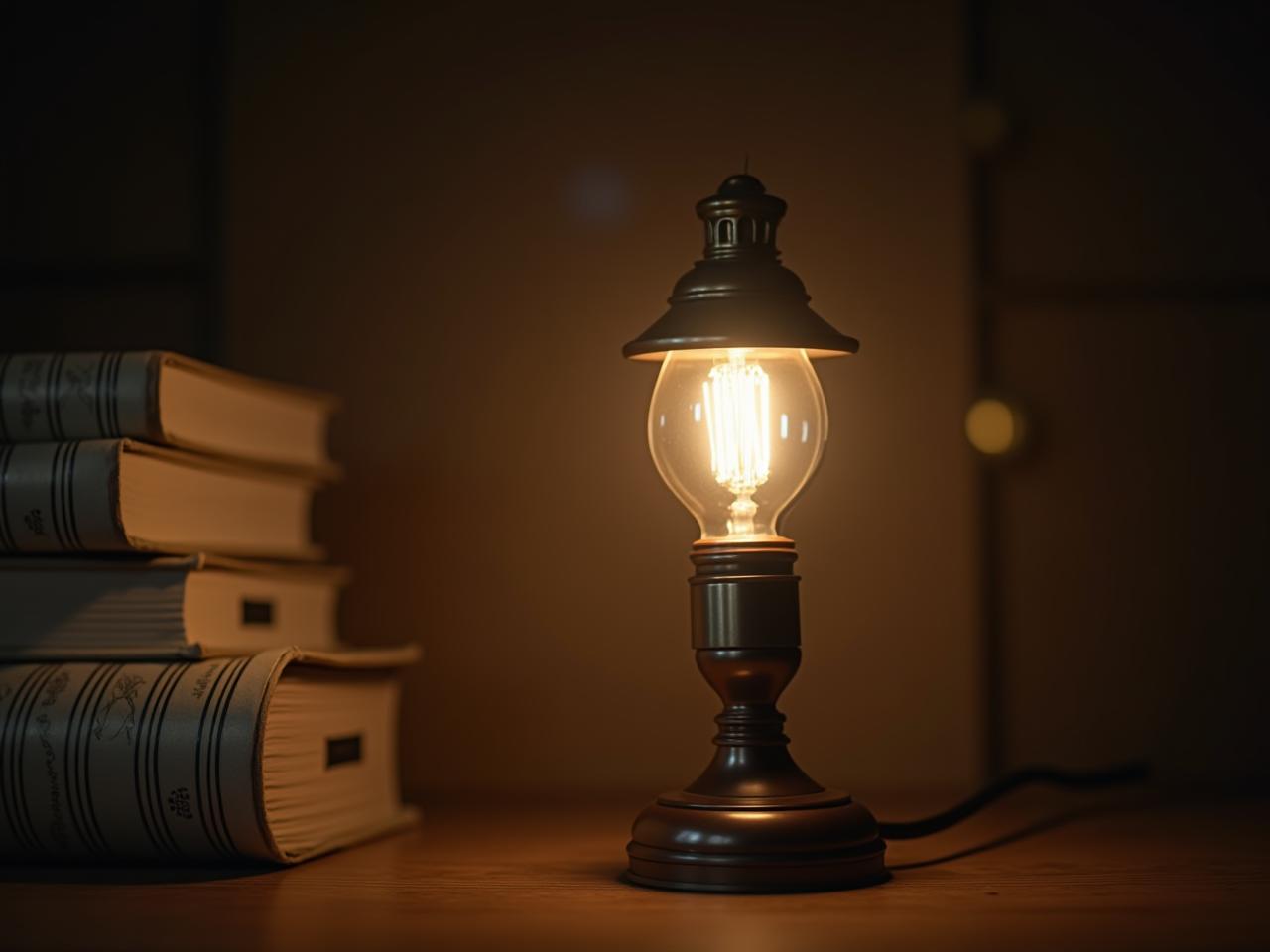 A lamp with a motion sensor with Jewish books in the background