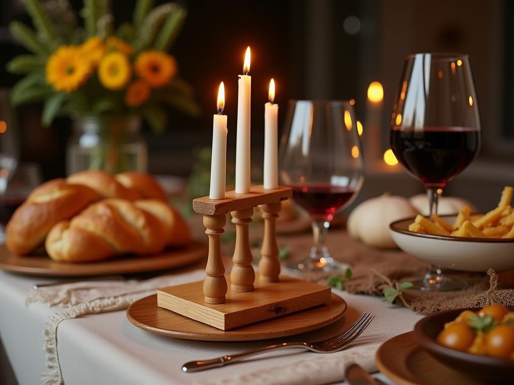 A wooden Shabbat Zmirot stand on a beautifully set Shabbat table with challah, wine, and delicious food.