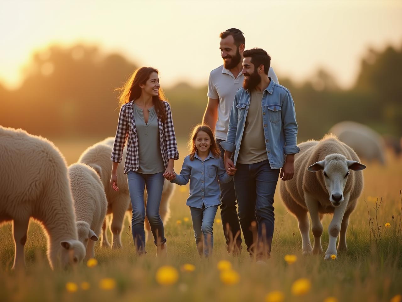 A happy charedi family visiting an animal farm in the spring