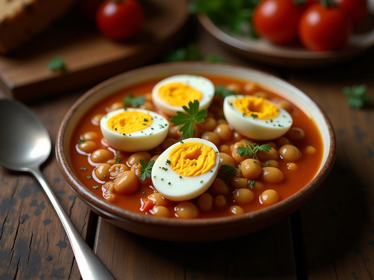 A festive dish of Moroccan white bean stew with hard-boiled eggs, garnished with fresh herbs, on a rustic wooden table.