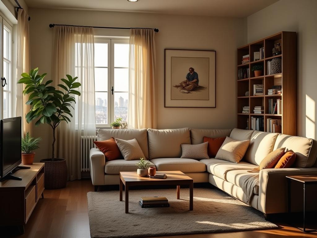 A cozy and organized living room in a Jewish home, incorporating elements of feng shui principles.