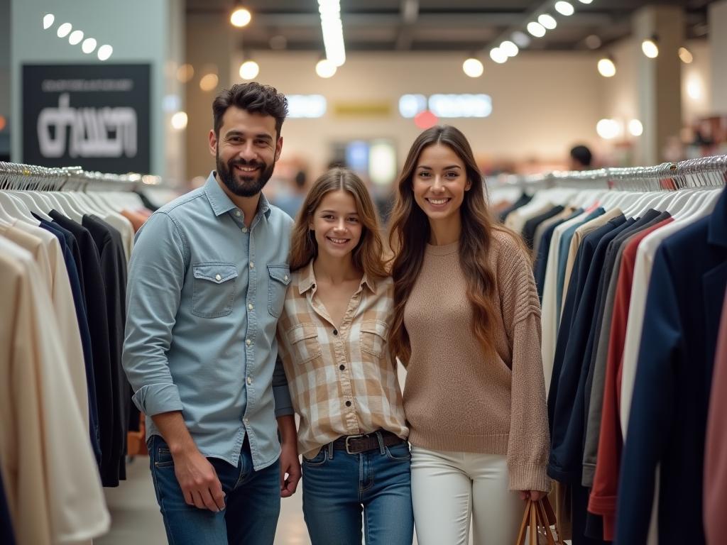 A happy family shopping for clothes at an outlet store, with modest and kosher clothing options visible.