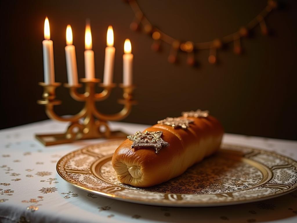 A beautifully decorated Shabbat table with handcrafted challah cover and candlesticks.