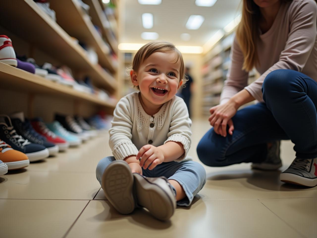 A child smiling while trying on new shoes in a shoe store, with a parent looking on.