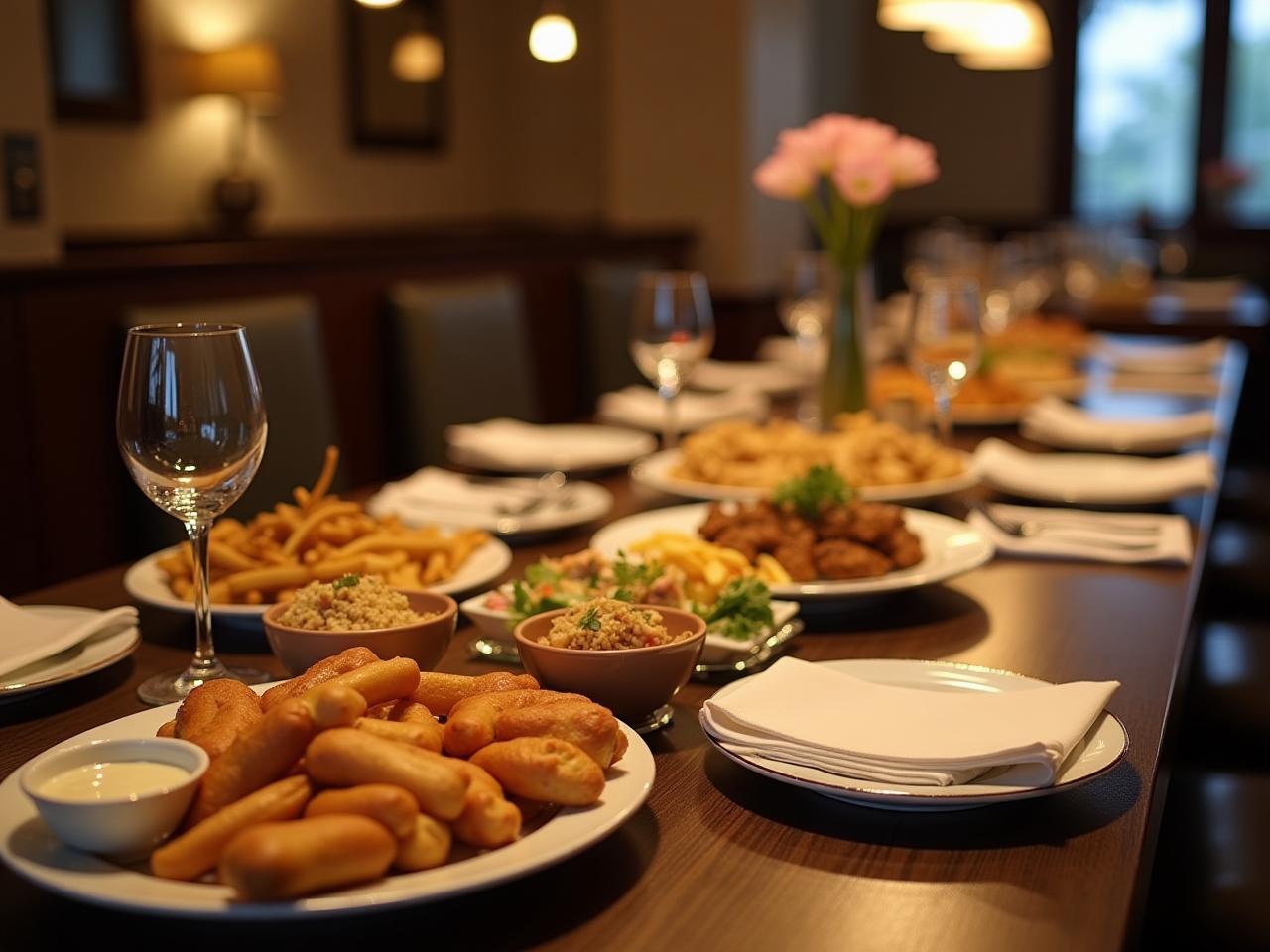A table full of delicious kosher and gluten-free dishes in a warm and inviting restaurant.