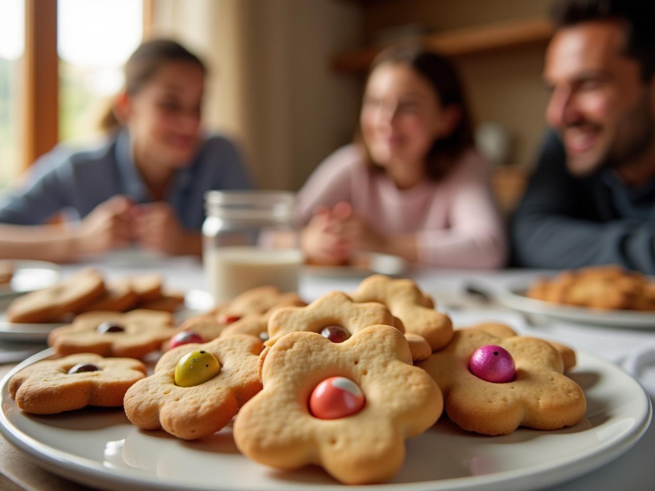 A warm and inviting photo of homemade cookies and candies, arranged beautifully on a Shabbat table. In the background, a smiling family enjoys the treats.