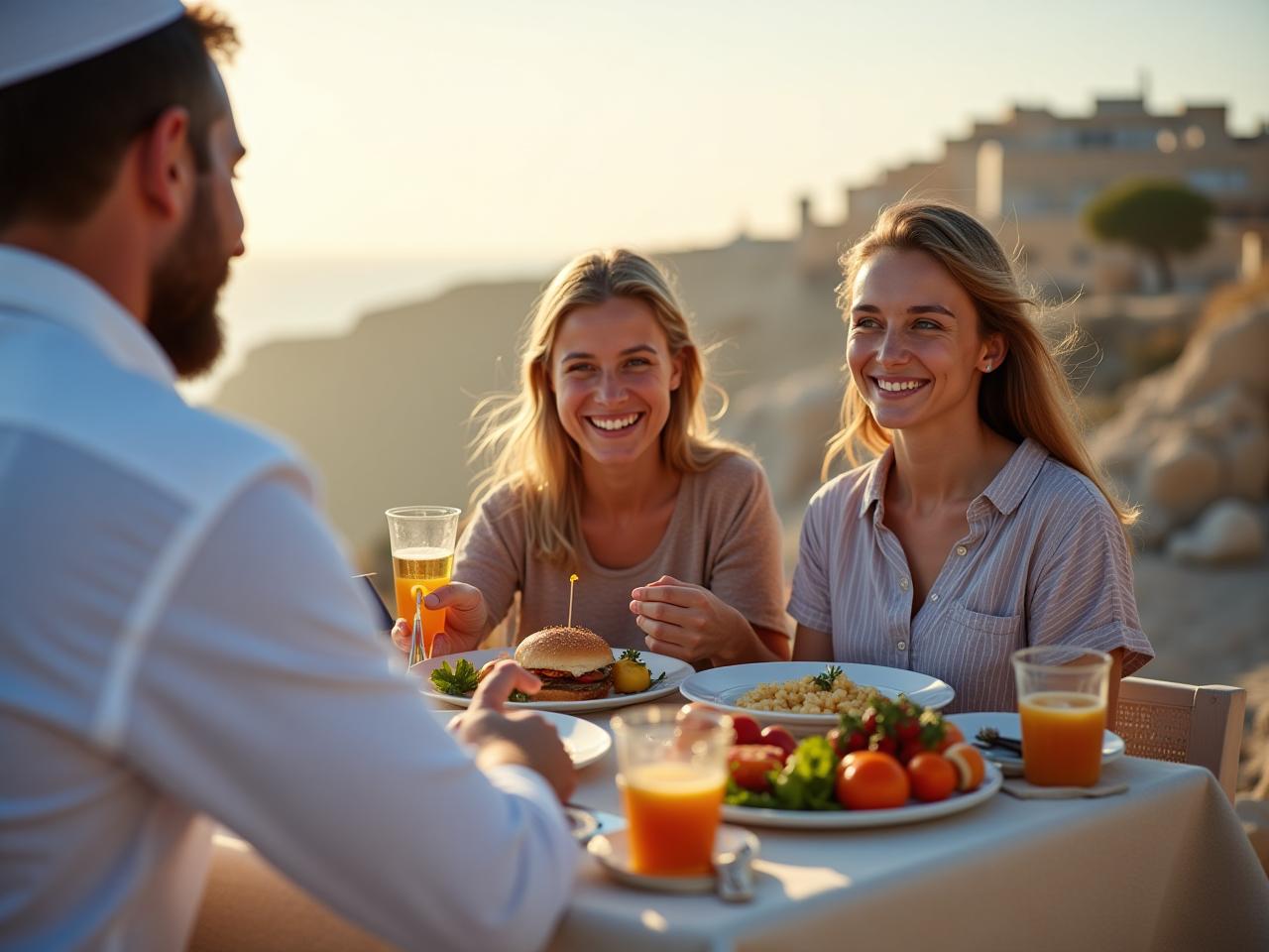 Family on vacation abroad with kosher food and traditional clothing.